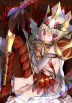  1girl absurdres armored_legwear blonde_hair braid breasts chalice criss-cross_halter crown cup dragon_claw dragon_tail elbow_gloves facial_mark fate/grand_order fate_(series) french_braid gloves halterneck highres holding holding_cup kuzuno_ha looking_at_viewer medium_breasts nero_claudius_(fate) open_clothes panties queen_draco_(fate) queen_draco_(second_ascension)_(fate) red_background red_eyes red_panties red_ribbon red_thighhighs revealing_clothes ribbon robe scales sideboob sitting solo tail thighhighs thighs underwear white_gemstone white_gloves white_robe 