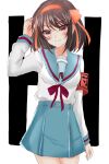  1girl blue_sailor_collar blue_skirt blush bob_cut brown_eyes brown_hair closed_mouth collarbone commentary_request h hair_ribbon hairband hand_up kita_high_school_uniform leon_no_neko long_sleeves looking_at_viewer medium_hair one-hour_drawing_challenge orange_hairband orange_ribbon red_ribbon ribbon sailor_collar school_uniform serafuku simple_background sketch skirt smile solo suzumiya_haruhi suzumiya_haruhi_no_yuuutsu white_background winter_uniform 