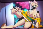  3:2 amberpendant anthro areola asian_clothing breasts canid canine canis clothed clothing east_asian_clothing female fur genitals hi_res japanese_clothing kimono mammal nipples pussy solo weapon 