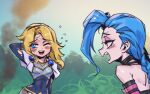  2girls :d bare_shoulders black_bodysuit blue_eyes blue_hair blush bodysuit boobplate covered_navel day gem grass hairband hand_in_own_hair jinx_(league_of_legends) league_of_legends long_hair lux_(league_of_legends) multiple_girls outdoors phantom_ix_row profile shiny_skin sideways_glance smile teeth torn_bodysuit torn_clothes tree upper_teeth_only 
