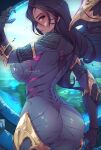  1girl artist_name ass bodysuit breasts closed_mouth detached_wings facial_mark from_behind himmely kai&#039;sa large_breasts league_of_legends long_hair looking_at_viewer looking_back outdoors parted_bangs purple_bodysuit purple_eyes purple_hair serious sideboob solo standing whisker_markings wings 