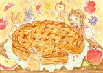  1girl animal apple blush braid brown_eyes brown_hair flower food fruit long_hair oniheya_53 open_mouth original oversized_food oversized_object painting_(medium) pancake rabbit signature traditional_media watercolor_(medium) 