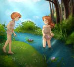  1boy 1girl bare_shoulders barefoot blush bottomless commission day english_commentary flower flower_basket full_body green_eyes grey_tunic hetero highres hoesmadder in_water light_smile long_hair looking_at_another off_shoulder on_grass original outdoors partially_submerged red_hair river scenery second-party_source short_hair short_sleeves tree tunic water 
