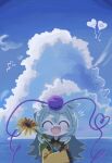  1girl closed_eyes cloud facing_viewer flower frilled_sailor_collar frilled_sleeves frills grey_hair highres komeiji_koishi long_hair motion_lines ocean open_mouth sailor_collar single_tooth smile solo sweater touhou upper_body very_long_sleeves yellow_sweater zunusama 
