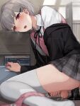  1boy anal anal_object_insertion ass blush cum dildo grey_hair highres looking_at_viewer no_shoes object_insertion open_mouth original otoko_no_ko panties panties_around_one_leg penis pink_eyes pleated_skirt sex_toy short_hair skirt solo sunaba_(nczd5875) sweat testicles thighhighs underwear white_thighhighs 