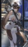  1girl azur_lane bare_shoulders black_hair bodysuit bow breasts brown_hair cleavage cleavage_cutout clothing_cutout covered_navel detached_sleeves drawing_sword elbow_gloves electricity extra_ears gloves green_eyes hair_bow hair_ears hair_flaps hairband high_ponytail highres holding holding_sword holding_weapon katana large_breasts leg_up leotard long_hair looking_at_viewer miniskirt official_alternate_costume pantyhose pleated_skirt ponytail qing_wu ribbon skirt standing sword takao_(azur_lane) takao_(divine_exorcist&#039;s_blade)_(azur_lane) weapon white_bow white_ribbon yellow_eyes 