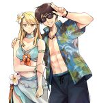  1boy 1girl alternate_costume armband bikini blonde_hair bow_(weapon) bracelet breasts brown_eyes brown_hair cleavage collarbone commentary_request earrings expressionless flower fullmetal_alchemist grabbing_own_arm hair_flower hair_ornament hand_on_another&#039;s_shoulder hawaiian_shirt highres hoop_earrings jewelry large_breasts long_hair looking_at_viewer medium_breasts midriff navel necklace open_clothes riza_hawkeye roy_mustang sarong shirt short_sleeves simple_background smile sunglasses swimsuit takafuji_yuna weapon white_background yellow_eyes 