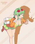  1girl absurdres blush breasts green_eyes green_hair green_skirt gumi hand_on_headphones hand_up high_heels highres ibispaint_(medium) kazudayo orange_background orange_shirt running shirt skirt smile star_(symbol) vocaloid 