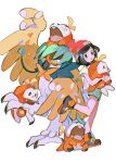  1girl :o black_eyes black_hair decidueye fuecoco full_body hat hinann_bot holding holding_pokemon leg_up pokemon pokemon_(creature) pokemon_(game) pokemon_sm red_headwear selene_(pokemon) short_hair simple_background white_background 