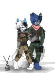  absurd_res blue_hair bulletproof_vest canid canine clothing domestic_cat duo felid feline felis female fox fur grey_body grey_fur hair hi_res hz(hz_foxy) hz_foxy indonesia malaysian male male/female mammal military military_uniform smile soldier uniform warrior white_body white_fur 