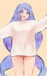  1girl :d blue_eyes blue_hair boku_no_hero_academia breasts hadou_nejire highres long_hair long_sleeves looking_at_viewer no_panties open_mouth pussy shirt shpo simple_background smile solo standing uncensored very_long_hair white_shirt 