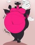  absurd_res anthro belly big_belly big_breasts black_body breasts dialogue dragon female hi_res horn huge_breasts huge_thighs hyper hyper_belly hyper_breasts multicolored_body navel open_mouth overweight overweight_anthro overweight_female purple_body red_eyes sinfullapis smile solo sound_effects speech_bubble stuffing text thick_thighs thought_bubble tongue tongue_out unknown_character walking 