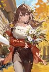  1girl bare_shoulders blush bouquet breasts brown_eyes brown_hair flower highres large_breasts long_hair long_sleeves looking_at_viewer necomi original pencil_skirt skirt smile solo 