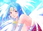  1girl bare_shoulders blue_hair breasts closed_mouth dated elbow_gloves facial_mark filia_(star_ocean) forehead_jewel forehead_mark gloves jewelry large_breasts lips looking_at_viewer macchi_theo pointy_ears red_eyes short_hair smile solo star_ocean star_ocean_the_second_story wings 