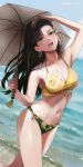  1girl absurdres bare_shoulders beach bikini black_hair blue_sky blush breasts brown_eyes cleavage collarbone earrings green_bikini highres jewelry kiya_hajime large_breasts lemon_print long_hair looking_at_viewer mismatched_bikini navel open_mouth original shore sky smile solo swimsuit thighs umbrella yellow_bikini 