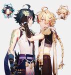  2boys aether_(genshin_impact) arm_tattoo bangs bead_necklace beads black_gloves black_hair blonde_hair blue_gloves blue_hair blush braid chibi closed_eyes coojisan earrings eye_contact flower genshin_impact gloves grey_background hair_between_eyes hair_flower hair_ornament highres jewelry long_hair looking_at_another male_focus multicolored_hair multiple_boys multiple_views necklace orange_eyes parted_lips simple_background single_braid single_earring sweat tassel tattoo very_long_hair white_flower xiao_(genshin_impact) yaoi 