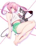  1girl armpit_crease bare_legs bare_shoulders barefoot closed_mouth commentary demon_tail dog feet full_body green_shorts highres holding legs legs_together long_hair looking_at_viewer matagi_14 midriff nail_polish nana_asta_deviluke navel purple_eyes shadow shiny_skin short_hair shorts sidelocks signature simple_background solo tail tank_top to_love-ru to_love-ru_darkness toenail_polish toenails toes twintails white_background white_tank_top 