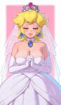  1girl absurdres bare_shoulders blonde_hair blush breasts bridal_veil bride cleavage crown dress earrings gloves hat highres jewelry large_breasts long_hair mario_(series) princess_peach riz smile solo strapless strapless_dress super_mario_odyssey veil wedding_dress white_dress white_gloves 