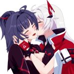  2girls absurdres ahoge blush breasts cleavage closed_eyes couple english_commentary hand_on_another&#039;s_cheek hand_on_another&#039;s_face high_ponytail highres honkai_(series) honkai_impact_3rd jacket japanese_clothes kiana_kaslana kiana_kaslana_(void_drifter) kiss kissing_cheek kudayunii large_breasts long_hair long_sleeves multiple_girls official_alternate_costume raiden_mei raiden_mei_(danzai_spectramancer) red_headwear red_jacket simple_background upper_body white_background white_hair yuri 
