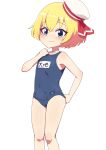  1girl adjusting_clothes adjusting_swimsuit blonde_hair blue_eyes blue_one-piece_swimsuit blush closed_mouth commentary_request crossed_bangs feet_out_of_frame flat_chest fuka_(kantoku) hat hat_ribbon highres jashin-chan_dropkick lierre looking_at_viewer medium_bangs name_tag old_school_swimsuit one-piece_swimsuit red_ribbon ribbon sailor_hat school_swimsuit short_hair simple_background solo swimsuit white_background white_headwear 