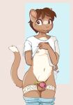  absurd_res anthro blush bottomwear bottomwear_down chastity_cage chastity_device clothed clothing clothing_lift domestic_cat drafthoof felid feline felis hi_res male mammal pants pants_down partially_clothed presenting shirt shirt_lift solo topwear 