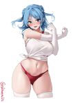  1girl ass_visible_through_thighs bikini bikini_bottom_only blue_eyes blue_hair blush braid braided_bun breasts cropped_legs double_bun ebifurya elbow_gloves floating_hair gloves hair_between_eyes hair_bun highres kantai_collection large_breasts long_hair looking_at_viewer navel one-hour_drawing_challenge open_mouth red_bikini shirt sidelocks simple_background skindentation sleeves_rolled_up smile solo stretching swimsuit thick_thighs thighhighs thighs tied_shirt twitter_username urakaze_(kancolle) white_background white_gloves white_shirt white_thighhighs wide_hips 