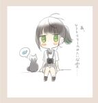  1girl ankle_socks black_hair blunt_bangs blunt_ends blush blush_stickers border bow bowtie camera camera_around_neck chibi collared_shirt cowlick ear_ornament earrings fish green_eyes grey_skirt jewelry jitome looking_at_viewer no_mouth no_nose original pink_border pleated_skirt ponytail red_bow red_bowtie shirt short_sleeves simple_background single-lens_reflex_camera sitting skirt socks solid_oval_eyes sparkling_eyes spoken_food stud_earrings tasuku_(otomebotan) thought_bubble white_background white_socks 