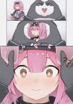  1girl 1other :3 ? absurdres animal_ears arknights black_choker black_hairband blue_bow blush bow braid cat_ears cat_girl cellphone charging_device choker closed_eyes closed_mouth doctor_(arknights) gloves goldenglow_(arknights) green_eyes grey_gloves grey_jacket hair_bow hairband heart heart_hands highres holding holding_phone jacket lightning_bolt_print long_hair long_sleeves mouth_hold open_clothes open_jacket orange_eyes phone pink_hair pink_jacket shirt simple_background single_braid smartphone two-tone_eyes upper_body wawamachi_(wawamachis) white_background white_shirt 