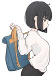  1girl 1ssakawaguchi ahoge arched_back backpack backpack_removed bag black_hair blue_eyes bob_cut from_side hand_up highres original profile short_hair simple_background solo standing sweater upper_body white_background 