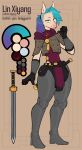  anthro armor blue_hair brown_eyes clothing equid equine footwear fur hair hi_res high_heels horse lin_xiyang_(remanedur) male mammal melee_weapon metal_armor model_sheet pale_fur remanedur sash slim solo sword tan_body tan_fur weapon 