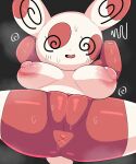  absurd_res anthro anus areola biped black_background bodily_fluids breasts ebi10000000000 female generation_3_pokemon hi_res nintendo nipples pokemon pokemon_(species) red_body simple_background solo spinda spiral_eyes spread_legs spreading sweat white_body 