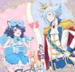  2boys 2girls animal_ears black_hair blonde_hair blue_eyes blue_hair cat_ears cat_girl cat_tail closed_eyes cow_boy cow_horns crown cyan_(show_by_rock!!) dog_ears dog_girl highres horns horse_ears light_blue_hair long_hair mel6969 multicolored_hair multiple_boys multiple_girls one_eye_closed orion_(show_by_rock!!) purple_hair retoree short_hair show_by_rock!! single_horn tail titan_(show_by_rock!!) unicorn wavy_hair yellow_eyes 