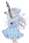  1girl :&lt; absurdres animal_ears assault_rifle back_bow blue_bow blue_dress blue_eyes blunt_bangs blush borrowed_weapon bow cat_ears closed_mouth commentary commission copyright_request detached_wings dress floating_hair frilled_dress frills from_side grey_hair gun hair_bow halo hands_up highres holding holding_gun holding_weapon layered_dress long_hair long_sleeves looking_at_viewer looking_to_the_side melting_halo mini_wings nelta_rene no_pupils puffy_long_sleeves puffy_sleeves rifle simple_background skeb_commission solo twitter_username valorant watermark weapon white_background white_bow white_dress wings 