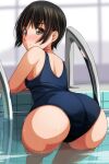  1girl absurdres ass back bare_arms black_hair blue_one-piece_swimsuit blurry blurry_background brown_eyes bush closed_mouth dated_commentary highres looking_at_viewer looking_back matsunaga_kouyou one-piece_swimsuit original partially_submerged pool pool_ladder poolside school_uniform short_hair smile solo swimsuit wet 