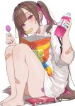  1girl bag_of_chips bandaid bandaid_on_leg bottle brown_hair candy chips_(food) colored_inner_hair daluto_(hitomi555) ear_piercing food food_in_mouth highres holding holding_bottle holding_candy holding_food holding_lollipop lollipop looking_at_viewer multicolored_hair original piercing pink_eyes pink_hair plastic_bottle pocky potato_chips shirt short_sleeves simple_background sitting solo sweat twintails white_background white_shirt 