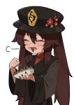  1girl black_nails blush brown_hair chinese_clothes closed_eyes eating fingernails flasso food food_on_face genshin_impact happy highres hu_tao_(genshin_impact) long_sleeves nail open_mouth smile solo takoyaki 