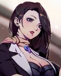  1girl ace_attorney breasts brown_eyes brown_hair cleavage datcravat earrings highres jewelry large_breasts lipstick long_hair magatama magatama_necklace makeup mia_fey mole mole_under_mouth necklace parted_lips phoenix_wright:_ace_attorney scarf solo suit_jacket teeth upper_body 
