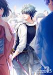  1boy akamaru_(ninech79) black_hair black_sweater_vest blue_eyes cowboy_shot facing_back gintama highres hijikata_toushirou long_sleeves looking_at_viewer people shirt smoke_trail smoking solo_focus sweater_vest sword weapon white_shirt 