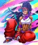  1girl baggy_pants black_hair braid breasts chiba_toshirou crop_top dark-skinned_female dark_skin fingerless_gloves gloves gradient_hair headphones highres kimberly_jackson multicolored_hair multiple_braids muscular muscular_female official_alternate_costume official_alternate_hairstyle pants purple_scarf scarf shoes sleeveless smile sneakers solo spray_can street_fighter street_fighter_6 thong toned visor_cap 