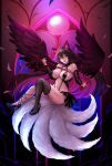  1girl animal_ears bare_shoulders black_hair black_wings breasts feathered_wings feathers fox_ears fox_girl fox_tail highres large_breasts long_hair multiple_tails notprimula original tail whip wings 