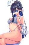  1girl 2049_(hh5566) alternate_costume bikini black_hair blue-tinted_eyewear blue_archive blue_hair breasts colored_inner_hair feet_out_of_frame highres korean_commentary large_breasts multicolored_hair navel parted_lips pixel_art pointy_ears ponytail rin_(blue_archive) round_eyewear side-tie_bikini_bottom simple_background solo swimsuit thighs tinted_eyewear two-tone_hair white_background white_bikini 