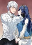 1boy 1girl alternate_costume ameno_(a_meno0) ascot bare_shoulders black_gloves black_pants blue_hair blue_shirt blush breasts brown_eyes commentary_request detached_sleeves eye_contact fire_emblem fire_emblem_awakening fire_emblem_heroes gloves hand_on_another&#039;s_face height_difference hetero holding_hands imminent_kiss indoors jewelry long_hair looking_at_another lucina_(fire_emblem) medium_breasts pants profile ring robin_(fire_emblem) robin_(male)_(exalt&#039;s_deliverer)_(fire_emblem) robin_(male)_(fire_emblem) see-through see-through_sleeves shirt short_hair skirt sleeveless sleeveless_shirt white_ascot white_hair white_shirt white_skirt 