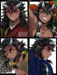  4boys :p a4h2maico absurdres aizetsu_(kimetsu_no_yaiba) black_border black_hair black_sclera blue_eyes border colored_sclera cracked_skin dark-skinned_male dark_skin demon demon_boy demon_horns fangs feathered_wings from_above furrowed_brow green_eyes highres horns japanese_clothes karaku_(kimetsu_no_yaiba) kimetsu_no_yaiba kimono long_hair looking_at_viewer male_focus multiple_boys oni oni_horns open_mouth pointy_ears red_eyes sekido_(kimetsu_no_yaiba) smile talons teeth tongue tongue_out topless_male twitter_username upper_body urogi_(kimetsu_no_yaiba) v-shaped_eyebrows white_background wings yellow_eyes 