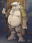  2023 anthro badger belly big_belly bulge clothing detailed_background disney friar_tuck hi_res humanoid_hands k-9 male mammal mature_male moobs mustelid musteline nipples overweight overweight_male robin_hood_(disney) solo underwear 