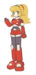  1girl arm_cannon blonde_hair closed_mouth cosplay full_body green_eyes long_hair looking_at_viewer matilda_caskett_(mega_man) mega_man_(series) mega_man_legends muu_(mumumer) simple_background smile solo weapon white_background 