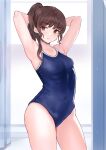  1girl armpits arms_up breasts brown_eyes brown_hair competition_school_swimsuit covered_navel highres indoors long_hair looking_at_viewer nobita_(nbnobita) original presenting_armpit school_swimsuit small_breasts solo standing swimsuit 