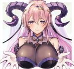 1girl :3 bare_shoulders breasts cleavage curled_horns earrings fire_emblem fire_emblem_heroes gloves goat_horns hair_between_eyes highres horns jewelry large_breasts long_hair looking_at_viewer nerthuz_(fire_emblem) pink_hair purple_eyes reia_hana single_earring solo twitter_username upper_body white_gloves 