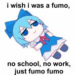  blue_dress blue_eyes blue_hair character_doll cirno closed_mouth commentary doll dress english_commentary english_text fumo_(doll) jitome no_humans omikami puffy_short_sleeves puffy_sleeves short_hair short_sleeves simple_background smile touhou v-shaped_eyebrows white_background 