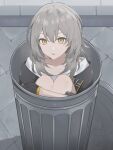  1girl black_gloves black_jacket gloves grey_hair hair_between_eyes highres honkai:_star_rail honkai_(series) hugging_own_legs in_trash_can jacket knees looking_at_viewer medium_hair open_mouth sitting sleeves_rolled_up solo stelle_(honkai:_star_rail) trailblazer_(honkai:_star_rail) trash_can trashcan_lid yellow_eyes yellow_trim younomiti 