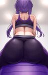  1girl ass ass_focus back ball bare_shoulders black_pants black_sports_bra exercise_ball from_behind highres pants purple_hair short_hair_with_long_locks sidelocks sitting solo sports_bra tenneko_yuuri tight tight_pants voiceroid yuzuki_yukari 